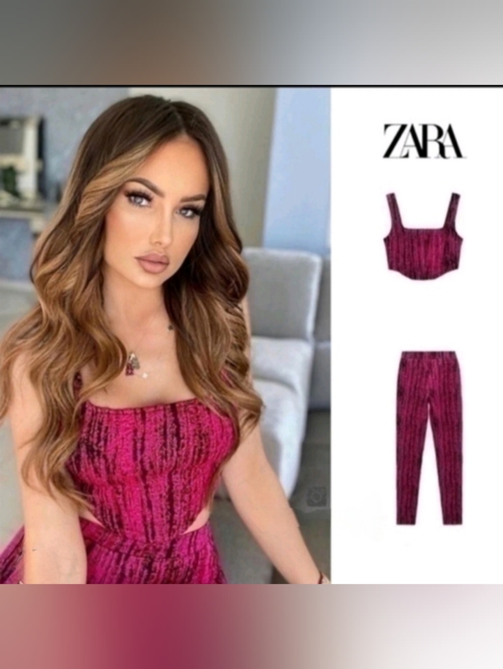 ZARA Pink Black Printed Matching Set Crop Top Leggings Small Y2K NWT